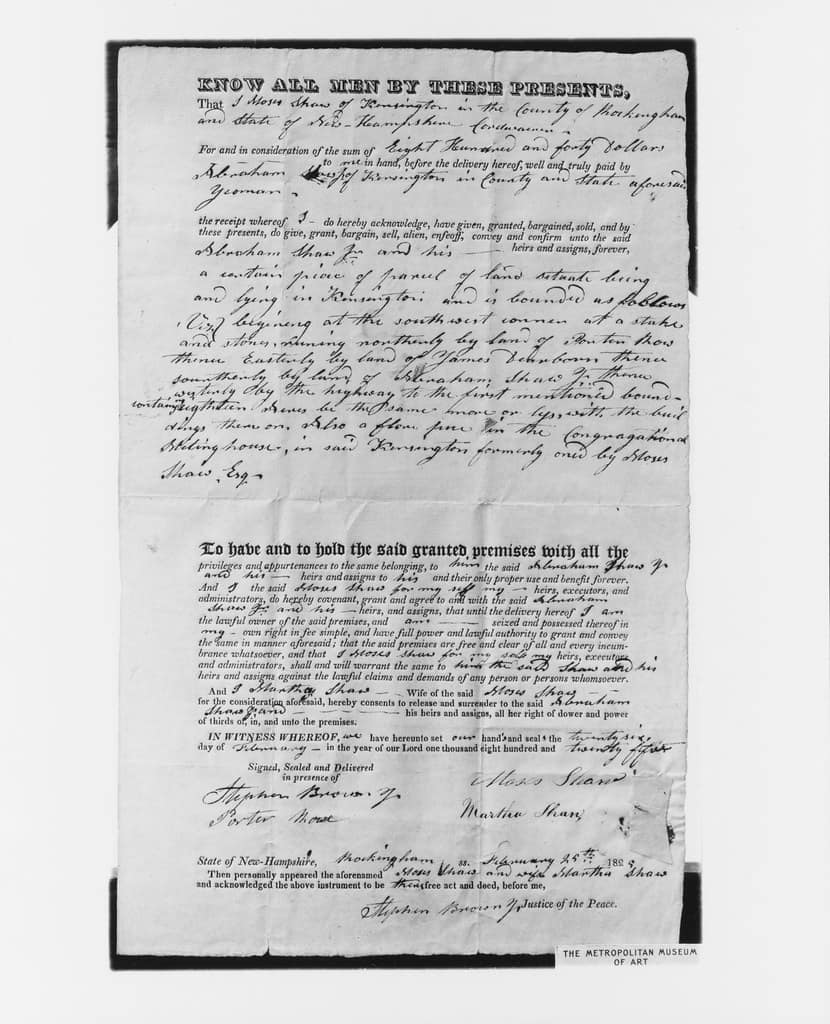 A folded sheet of a handwritten and printed deed from 1825, reproduced in black and white, the upper half filled with a looping dark hand describing a boundary, an acreage and a pew in a meeting house, a horizontal fold crease across the middle, then a heavy printed line reading To have and to hold the said granted premises with all the, and beneath it a printed paragraph whose ruled gaps are filled in by hand so that the pronouns and the names in the sentence are handwritten insertions, ending in a printed clause about a wife releasing her right of dower and the words IN WITNESS WHEREOF